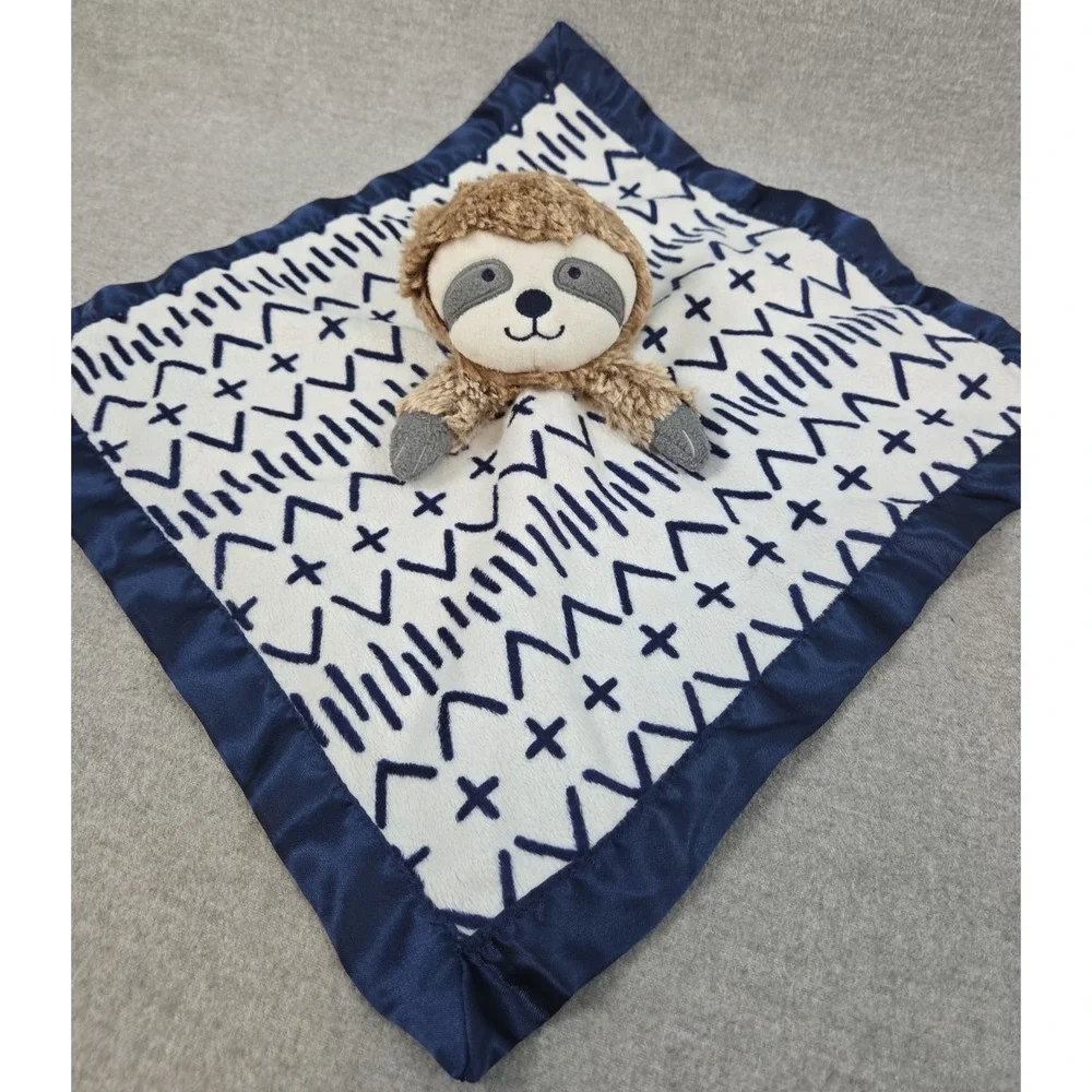 Cloud Island Sloth Plush Lovey Security Blanket Velour Satin Edge & Back Navy